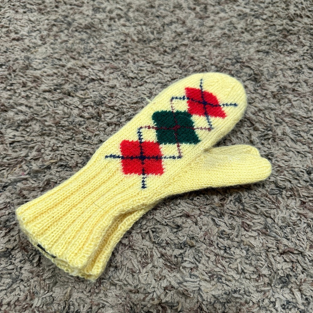 Vintage Kids Yellow Knit Argyle Mittens Red Green Pattern Winter Gloves READ